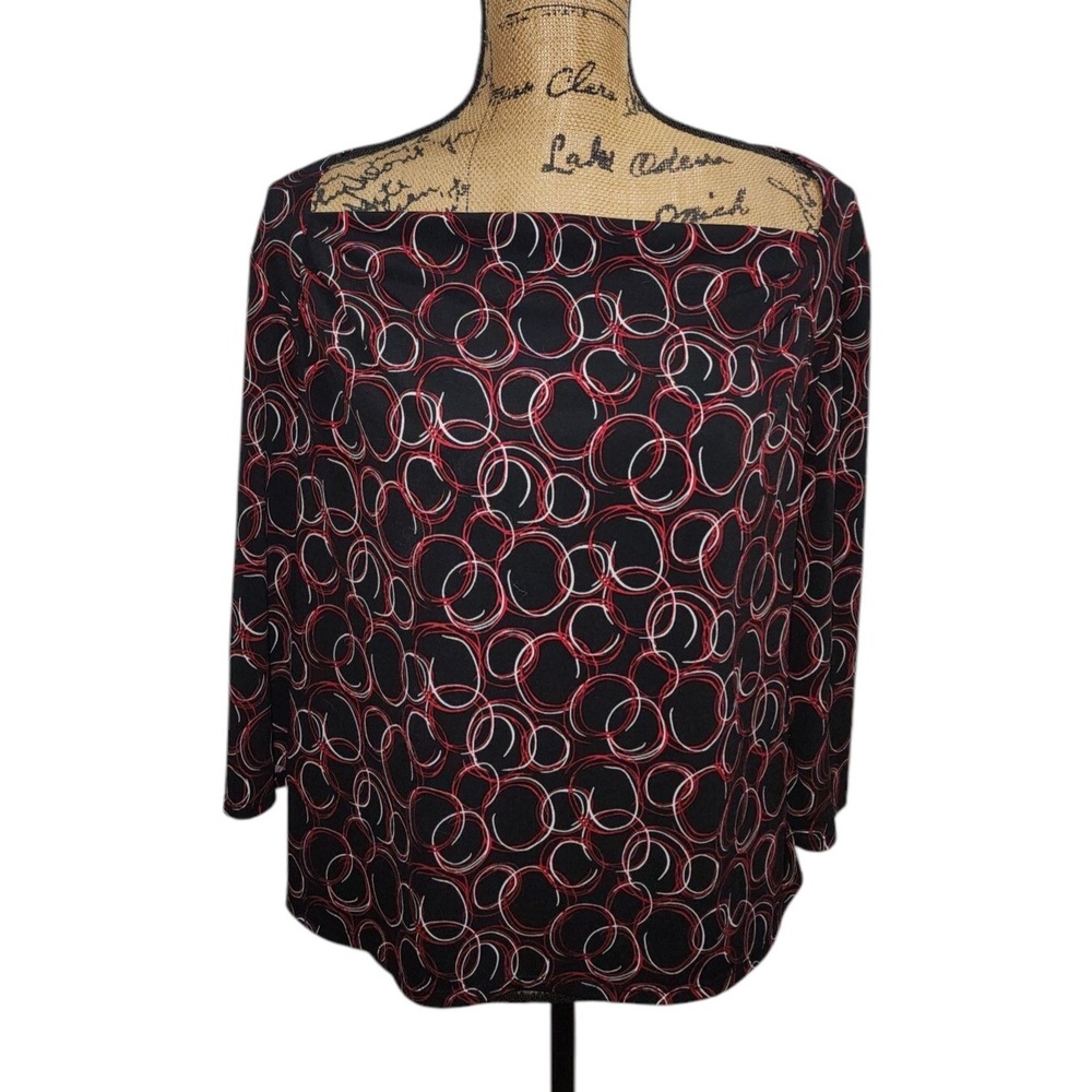 George Circle‎ Print Blouse Long Sleeve Stretch Top Black Red White XL